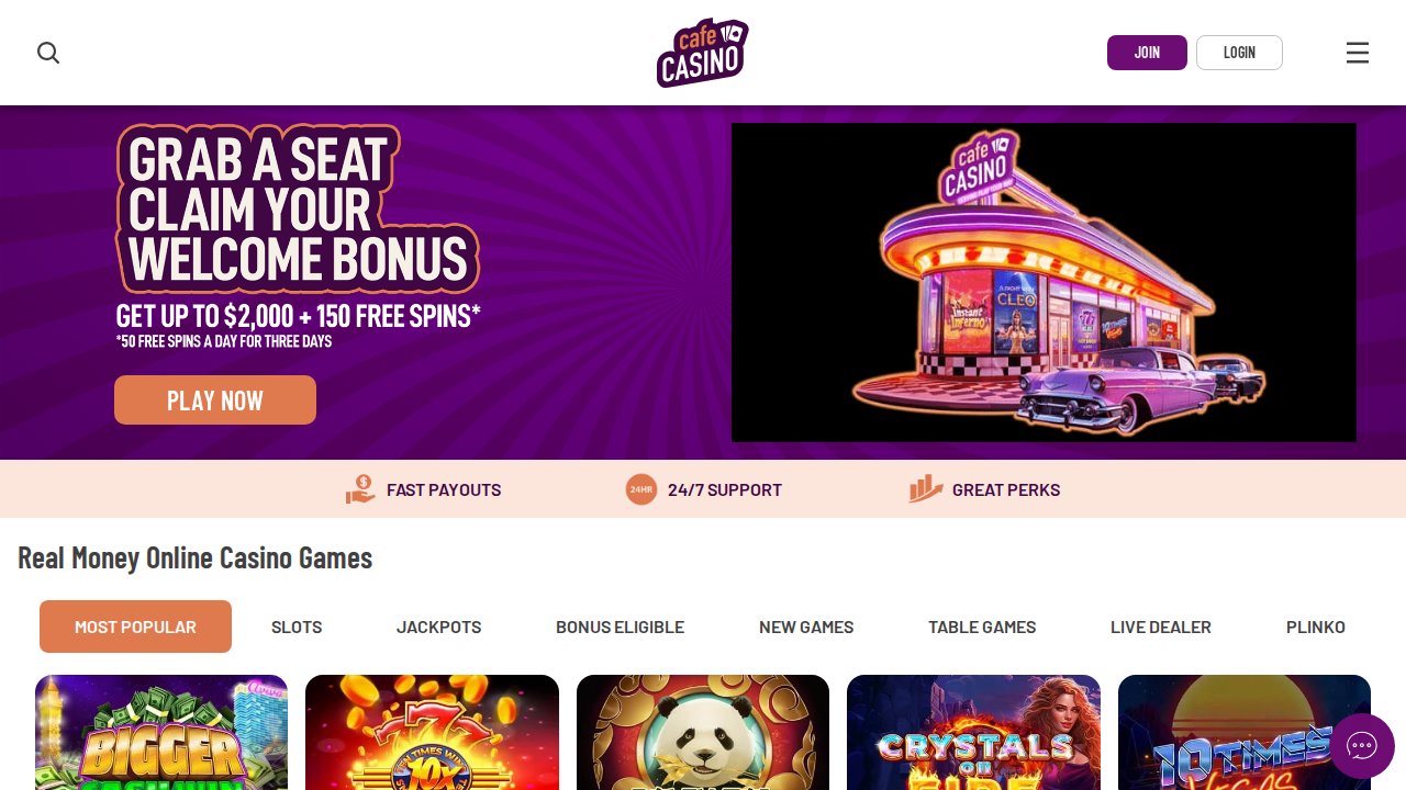 Cafe Casino casino website screenshot