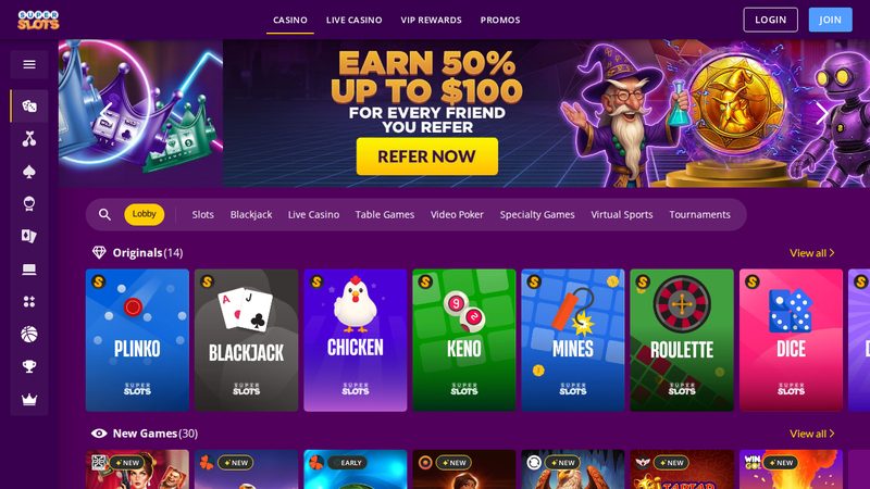 Super Slots casino website screenshot